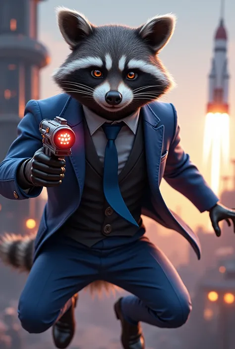 Tall gray aggressive raccoon in a blue suit and tie, flying over a space station with a rocket in the background, Rocket Raccoon, Guardians of the Galaxy в стиле 4k, raccoon with laser gun, Epic Spaceship Scene, from Guardians of the Galaxy, rocket, Christ...