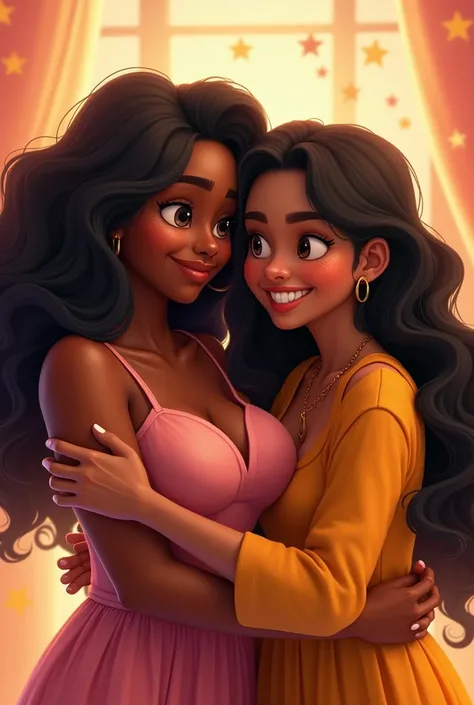 Pixar-style poster of a heavyset woman, with mixed skin color, with long wavy black hair hugging another thin woman, brown skinned, black hair, wavy and long.