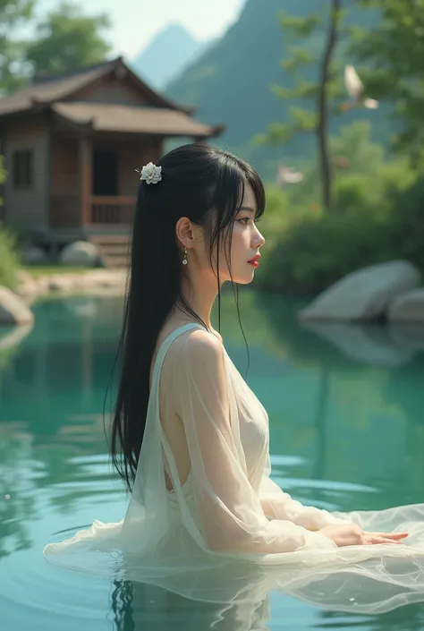 A Japanese woman with long straight hair by the pool with a transparent dress over her body with a shiny earring and natural makeup with birds and a cabin behind the pool 