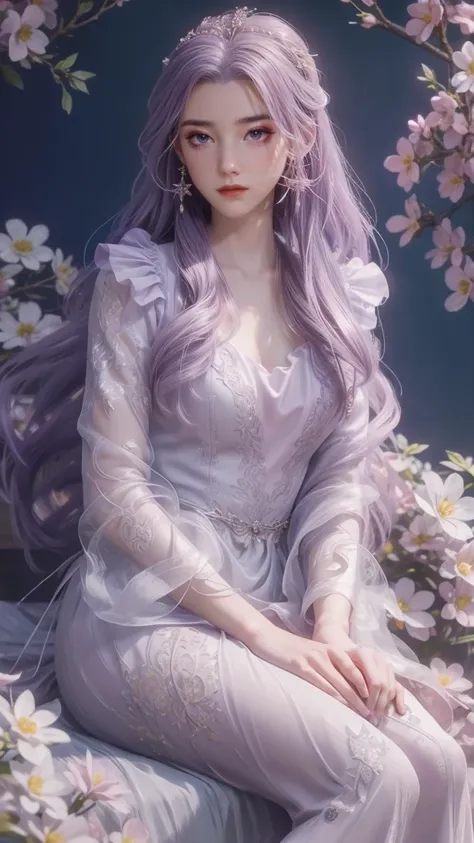 a woman with long, wavy purple hair, wearing a light purple dress adorned with pink flowers. she is seated in front of a backdro...