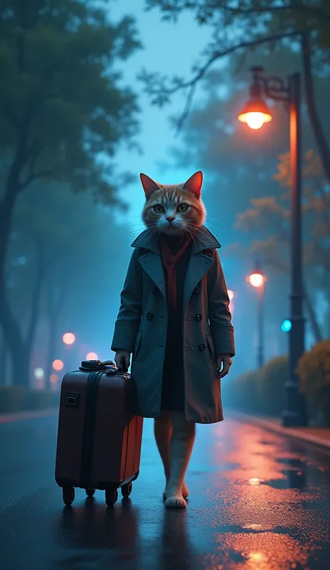 “Create an image of an anthropomorphic feline character, a cat with watery eyes, the cat, walks with an elegant step through the park, enjoying the tranquility, holding his suitcase full of things, walking alone on the street, trees with low light. Around ...