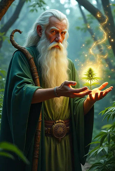  wizard, throwing spell on young cannabis plant 