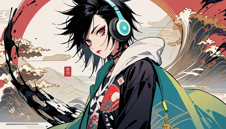 (((Ink Painting))), (((punk girl))), (((Sid Vicious))), (((Flashy makeup))), (((Japanese style headphones))), (((Japanese patterned hoodie))), (((Put on the hood))), Japan人の美少女, Black Hair, Delicate and precise, Modern Ukiyo-e Style,Japan, Japanese flag, V...