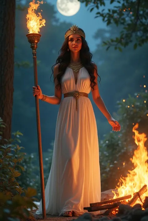 a beautiful woman, with a slim and defined body, fair skin and brown eyes, with long hair, wavy and dark. Wearing a gold tiara and a white dress in ancient Greek style. She holds in her right hand a staff with a sun-shaped tip and in her left hand a multic...