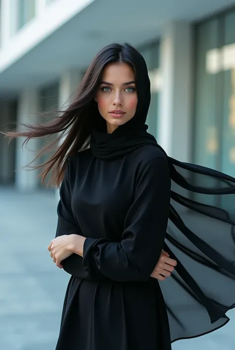 Beautiful tall and  modern hijabi  girl with blue eyes and black hair