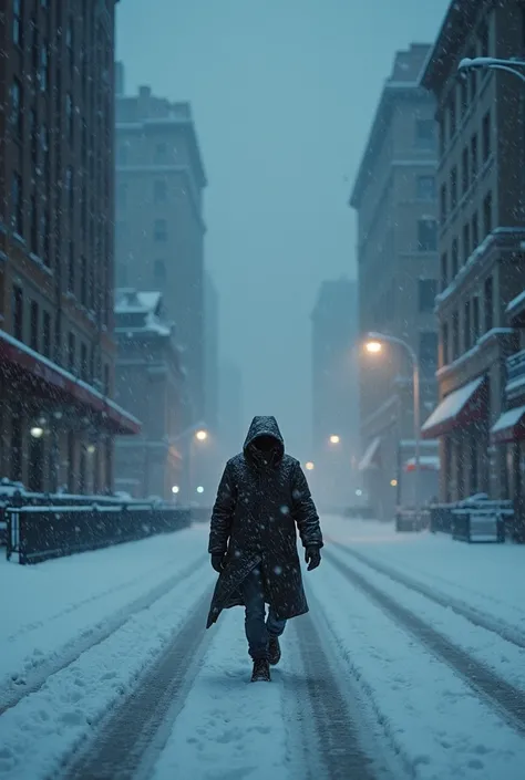 gloomy night，snow, cold, blizzard，wind, The protagonist is walking down the street，wraps up, Blurred vision。Fully realistic, full high resolution, Well done，rich in detail
