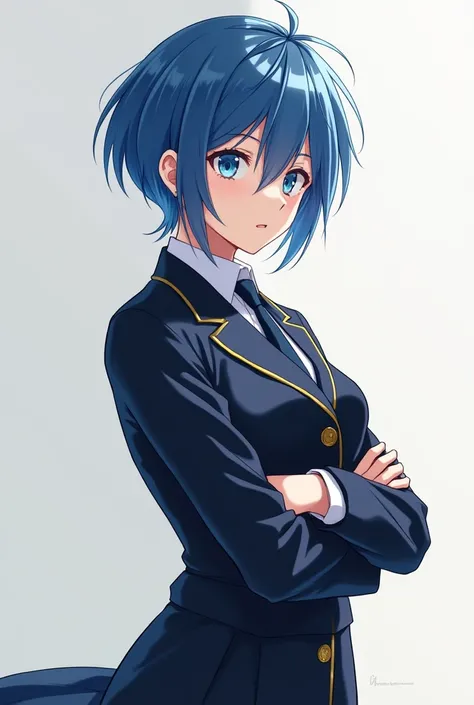  An anime girl character with blue hair, blue eyes wearing fukurodani uniform who looks like a handsome boy 