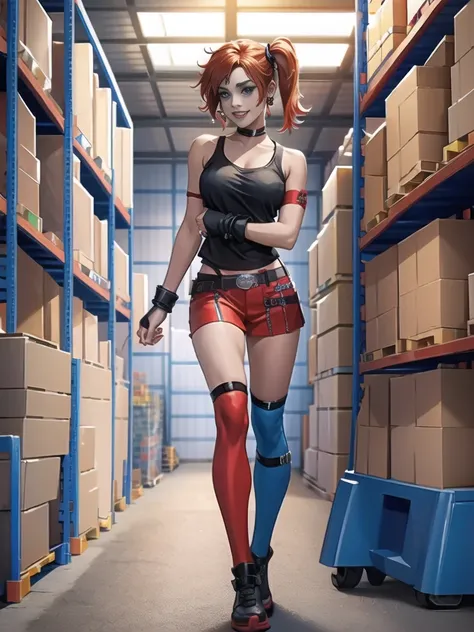 (solo women:1.5),(Harley Quinn:1.1),(warehouse:1.4)