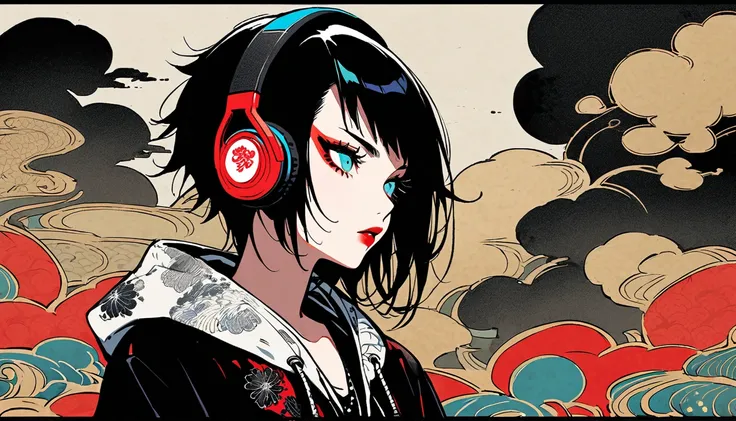 (((Ink Painting))), (((punk girl))), (((Sid Vicious))), (((Flashy makeup))), (((Japanese style headphones))), (((Japanese patterned hoodie))), (((Put on the hood))), Japan人の美少女, Black Hair, Delicate and precise, Modern Ukiyo-e Style,Japan, Japanese flag, V...