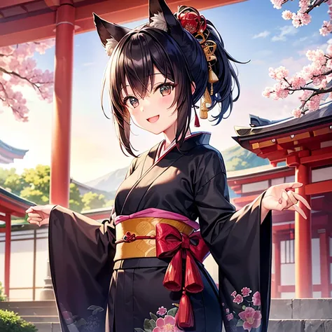 (Best Quality),One girl、Black fox ears,Black fox tail、Very smiling、Small breasts、Short ponytail black hair、Kimono with floral pattern、A Japanese-style bridge with a view of a Japanese shrine,blue sky、(Very detailed),(Perfect anatomy)