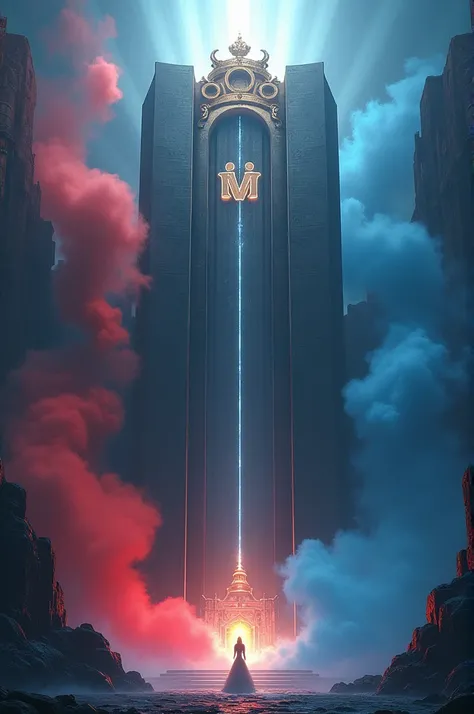 A five-story wall with the letter logo "m" with a crown on top, Rays descending from the sky, in a scenario with red and blue smoke 