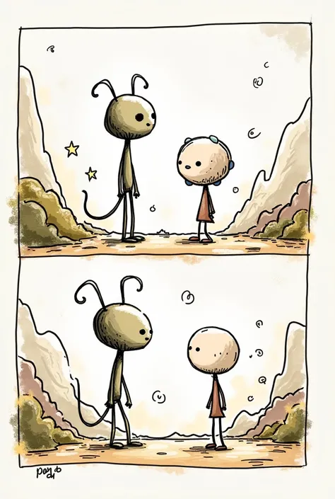 make a front page of a 2-paged comic about a friendship of an alien and human. doodle comic. stickman alien and human.