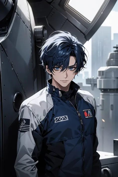 (Confused, High resolution, Very detailed), 1 male, Navy Blue Hair,Shortcuts,Looks soft,Wavy Hair,Short Hair,Dark blue eyes,,28th generation,Fearless,Mature,black and white pilot suit,A small smile,,observatory,Tall,