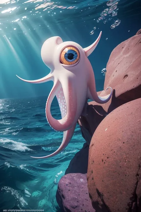 detailed cartoon squid,large cartoon eyes,holding art supplies,blank canvas,rock,middle of the ocean,(best quality,4k,8k,highres,masterpiece:1.2),ultra-detailed,(realistic,photorealistic,photo-realistic:1.37),vibrant colors,dynamic composition,whimsical,fa...