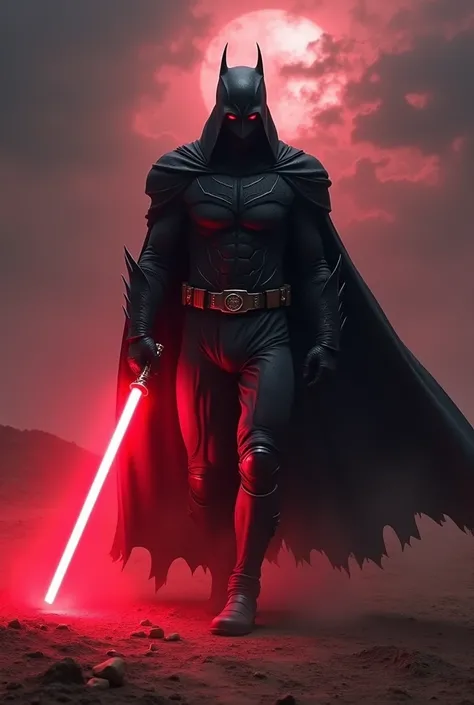 Batman as a Sith, red lightsaber, advancing 