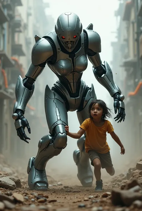 A robot with a female body and a robot face fighting to protect the child 