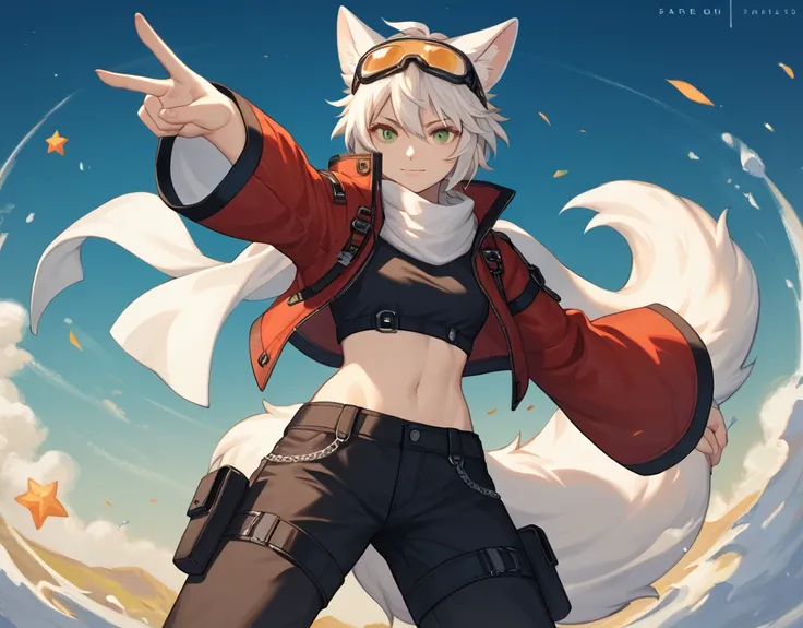 l0lspl4sh,score_9,score_6_up,score_8_up,score_7_up,score_5_up,score_4_up, anime,year2024,year2023,West Studio,(project:1.5),white fox,white fur,white skin,white ears,tail,green eyes,star-shaped_pupils, black tattoo left only, [white scarf],green loating_ja...