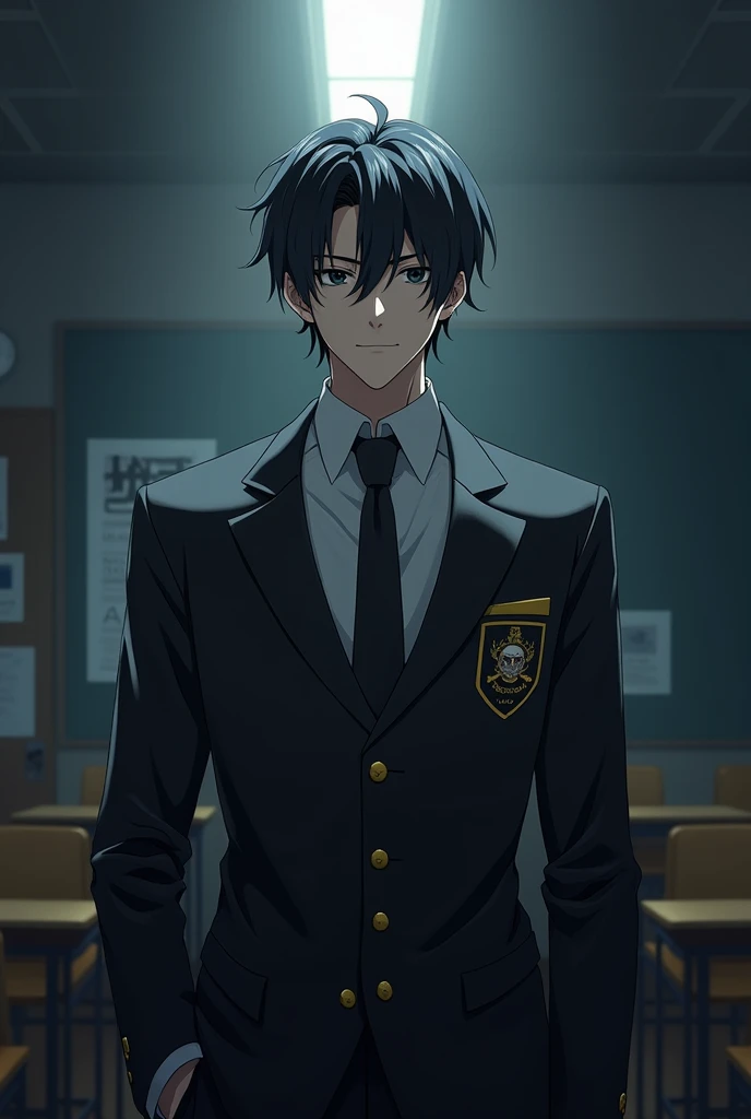 Anime guy wearing a school uniform, gangster style, handsome face, height 173 cm, weight 80 kg, muscular body, light black hair, white skin, light black eyes, light brown hair, in a dark classroom with only dim lights.
