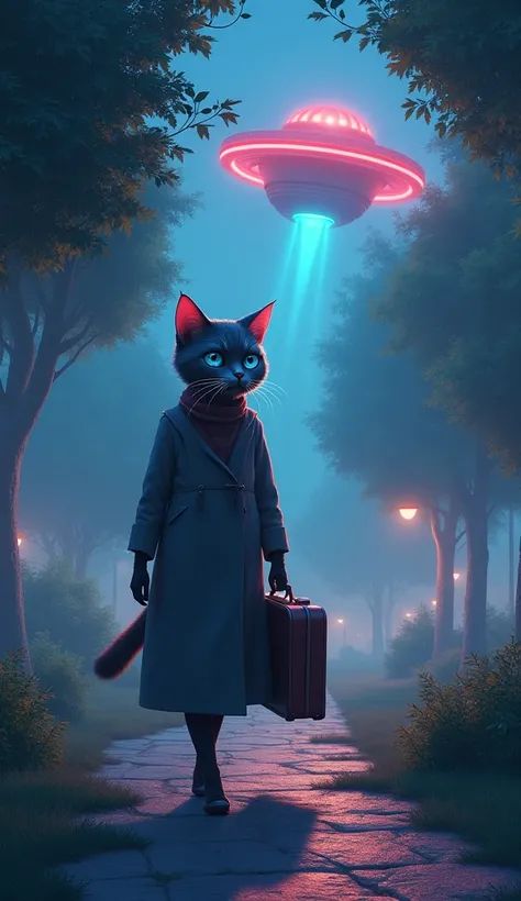 “Create an image of an anthropomorphic feline character, a cat with watery eyes, the cat, walks with an elegant step through the park, enjoying the tranquility, holding his suitcase full of things, walking alone on the street, trees with low light. Around ...