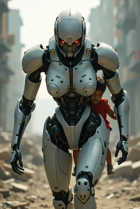 A robot with a female body and a robot face fighting to protect the child 