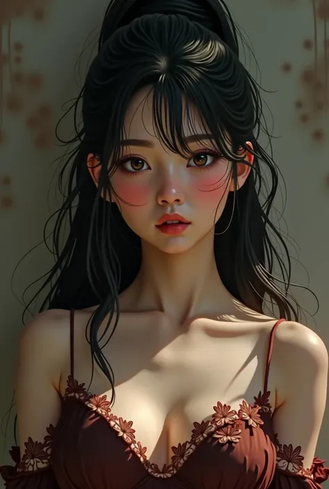 One girl, Long Hair, chest, Blushing, Textured skin, Black Hair, ponytail, 大きなchest, Ahegao, Overlooking, Genre painting, 