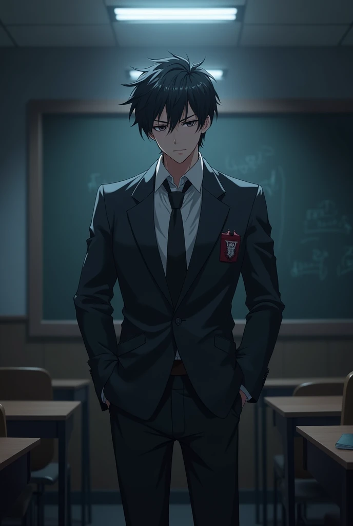 Anime guy wearing a school uniform, gangster style, handsome face, height 173 cm, weight 80 kg, muscular body, light black hair, white skin, light black eyes, light brown hair, in a dark classroom with only dim lights.
