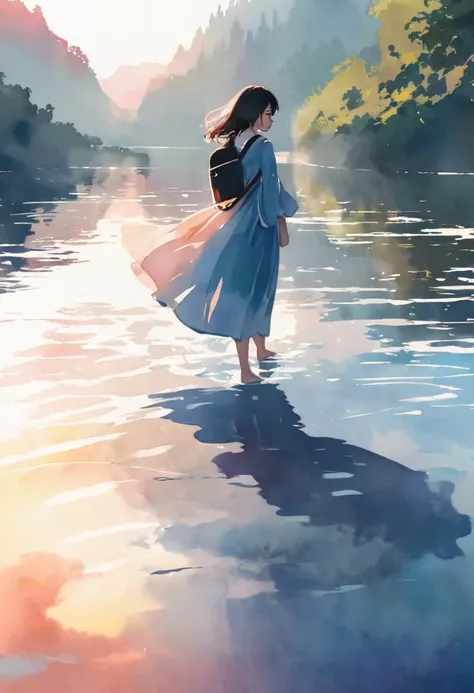 (watercolor style, spectrum art) + majestic river、パノラマviewが広がる + costume bag (view) + (flow + subtle reflection) + (blend + scat...