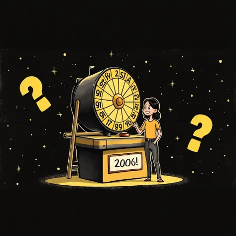 Yellow and black wheel of fortune background. Next to it is a pretty, happy adult girl. She smiles and looks at the wheel. Illustration without text.