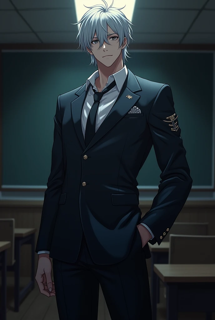 Anime guy wearing a school uniform, gangster style, handsome face, height 173 cm, weight 80 kg, muscular body, light black hair, white skin, light black eyes, light brown hair, in a dark classroom with only dim lights.
