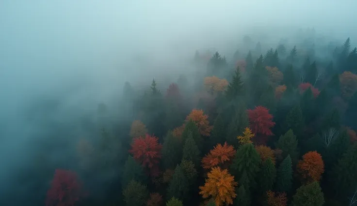 Autumn in a Foggy Forest (Drone Aerial View) A mysterious drone shot of a foggy forest in autumn. The camera captures the dense forest shrouded in a soft, enveloping fog with the fall foliage creating bursts of color amidst the gray mist. The aerial view e...