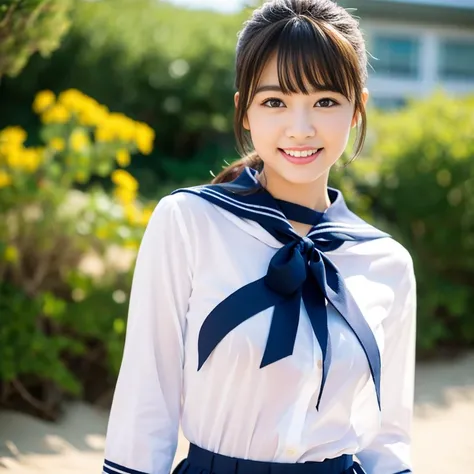 {a young girl in a sailor uniform, standing on a sandy beach, wearing a navy blue collar, white shirt, navy blue pleated skirt, navy blue bow, fluffy ponytail hair, messy bangs, beautiful detailed eyes and lips, red eyeshadow, KIND smile, tall SEXY slim fi...