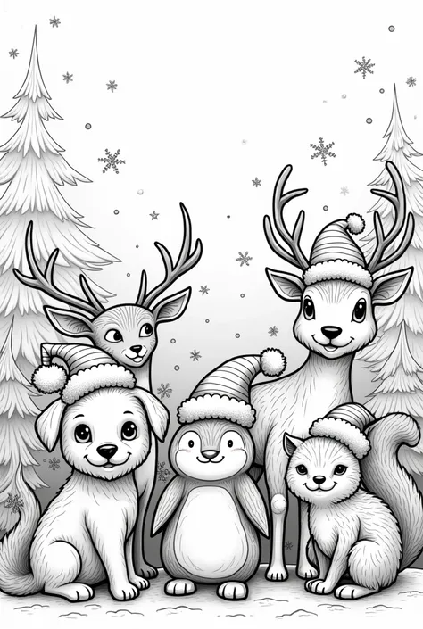 Coloring book page with various animals with Christmas hat