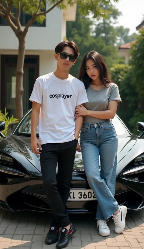 Copy Realistic Photography instructions. Professional model shooting. Young Indonesian man wearing sunglasses with short thin hair looks handsome. Wearing a white t-shirt text COSPLAY ER with black jeans. White Jordan shoes. Leaning with a beautiful woman ...