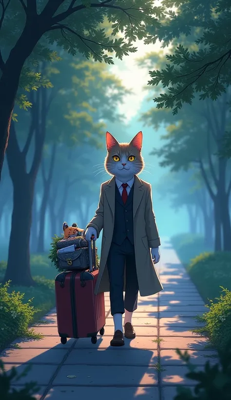 “Create an image of an anthropomorphic feline character, a cat with watery eyes, the cat, walks with an elegant step through the park, enjoying the tranquility, holding his suitcase full of things, walking alone on the street, trees with low light. Around ...