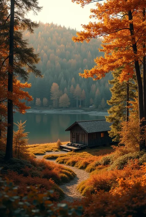 Real photos，Northern Hemisphere，North Temperate Zone，Dense forest in autumn，jungle，Dense forest，Sunlight，Remote cabin，Screen ratio 1/10，A small wooden house far away by the water，Screen ratio 1/10，dusk，Real photography effect