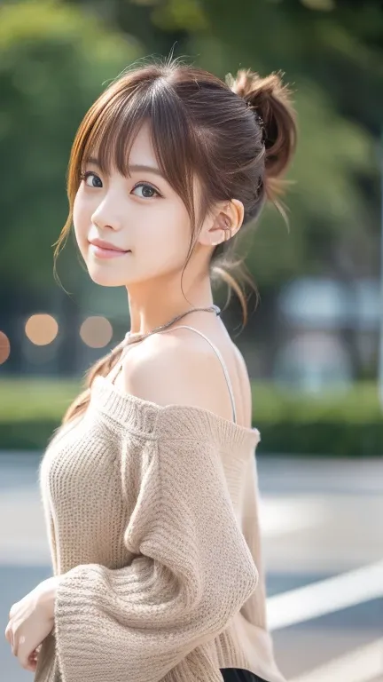 Ultra-high resolution, Superior Quality, Best Quality, Super detailed, Realistic, 8k, RAW 写真Best Quality, masterpiece, Attractive girl, Awesome girl, Brown Hair,Ponytail fluttering in the wind, Asymmetrical bangs, Japanese Idols, Sophisticated, stylish,  S...