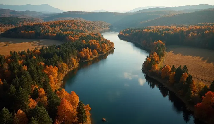 Autumn Colors Along a Meandering River (Drone Aerial View) A high-altitude drone shot of a meandering river surrounded by fall foliage. The drone captures the river’s serpentine path cutting through forests and fields adorned with autumn colors. The vibran...