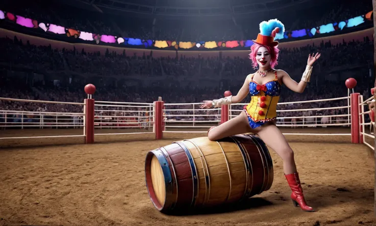 cute yuna, 2, sexy rodeo clown, crazy clown makeup, in the middle of the rodeo ring, action pose taunting extremely aroused minotaur, colorful barrel nearby, 8k, high quality, masterpiece, hyper detailed, realistic, cinematic lighting, vibrant colors, dram...