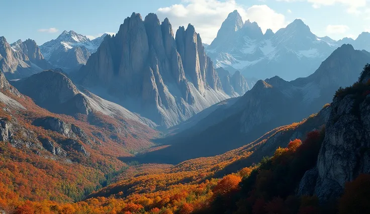 Autumn Over a Rugged Mountain Range (Drone Aerial View) An awe-inspiring drone shot of a rugged mountain range during autumn. The camera captures the contrasting textures of rocky peaks and colorful fall foliage in the valleys below. The aerial view highli...