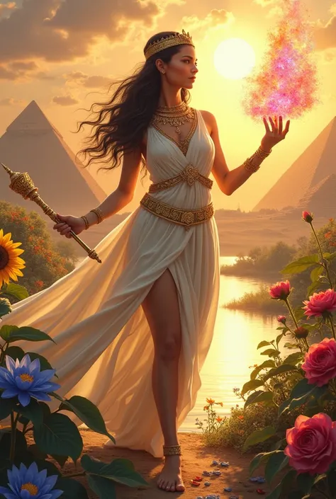 a beautiful woman, with a slim and defined body. fair skin and brown eyes. long hair, wavy and dark. Wearing a gold tiara and a white dress in the ancient Greek style. Holding a solar scepter in his right hand and a pyre of crystalline multicolored fire in...