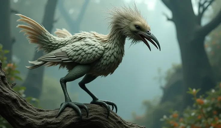 a strange bird-like creature with six legs, three chicken heads, and a third wing growing from its back, perched on a twisted tree trunk in a bizarre forest, (best quality,4k,8k,highres,masterpiece:1.2),ultra-detailed,(realistic,photorealistic,photo-realis...