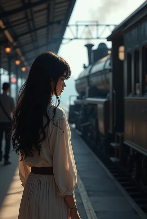 photorealism: Two lovers separated,at the train station,man gets on the train,Her black haired lover looks after her and gets sad.