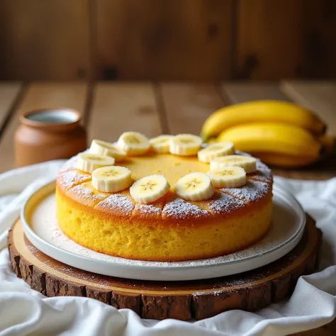 Photo of a delicious and beautiful banana cake. The cake is golden yellow in color and decorated with thinly sliced bananas and sprinkled with icing sugar. There is light that makes the cake look delicious. The background is a wooden table with a white tab...