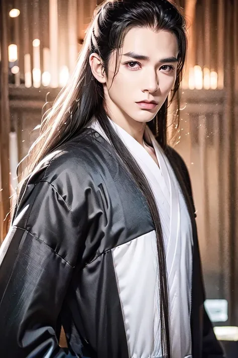 4K, Young man, Long black hair, Handsome guy(realistically), Slick face(Detailed face:1.2), ดวงตาที่realistically, Beautiful and detailed eyes, Black Hoodie, White pants, charming, Ultra high resolution, realisticallyสุดๆ, High Detail, Golden ratio, He has...