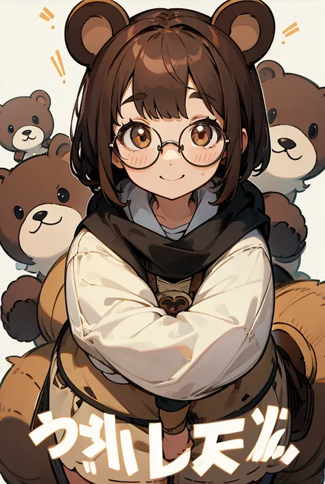 1girl,Look at, smile, Bear Ears,Round Glasses,Cocoa brown hair,Short Bob,Bangs are blunt