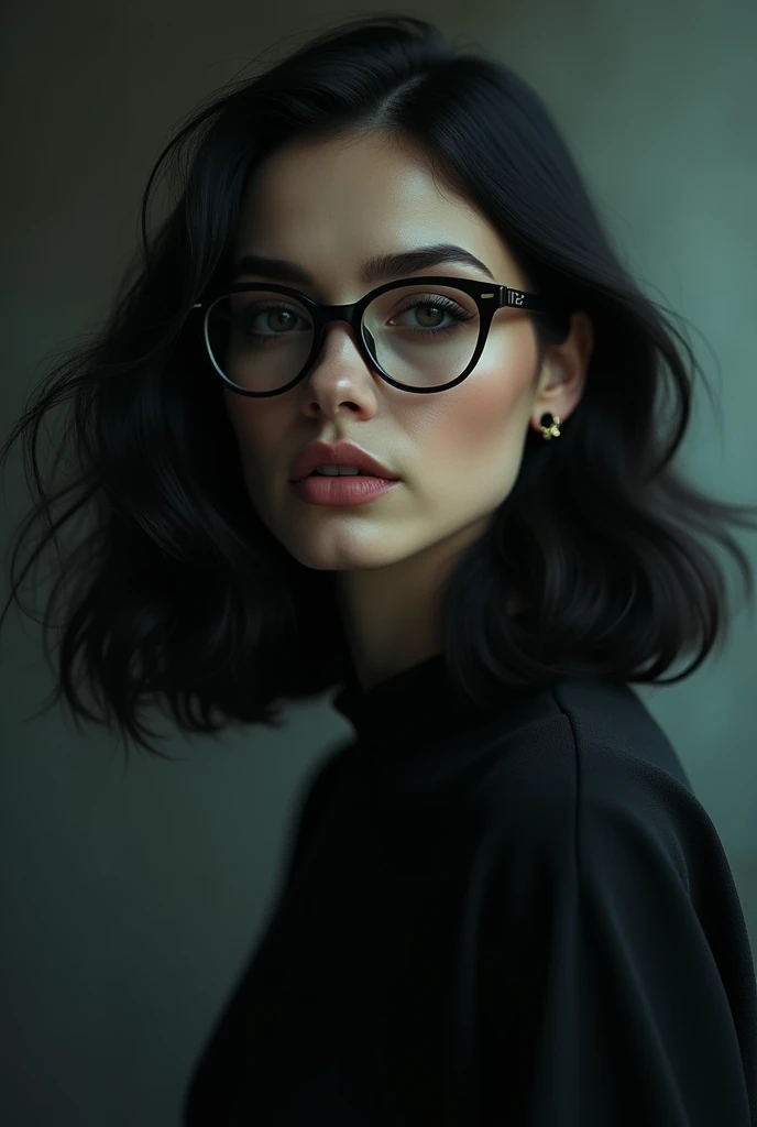 Black hair, glasses, stud earrings, vintage, feminine, 8k, masterpiece, best quality, excellent detail) , (high saturation, best shadows, best light, extremely delicate bleaching) dark style