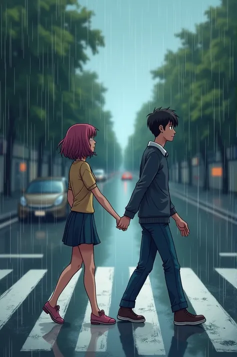 Cartoon of a short-haired woman holding hands with a man, crossing a zebra crossing in heavy rain.