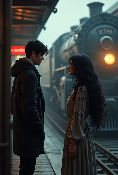 photorealism: Two lovers separated,at the train station,man gets on the train,Her black haired lover looks after her and gets sad.