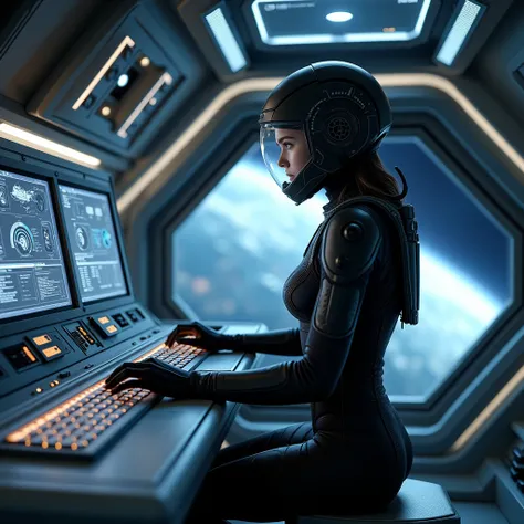 the young woman in the spaceship is at the computer, wearing a black space suit.