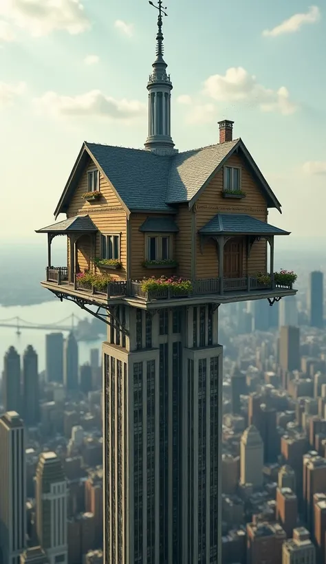 A house balanced on top of the Empire State Building